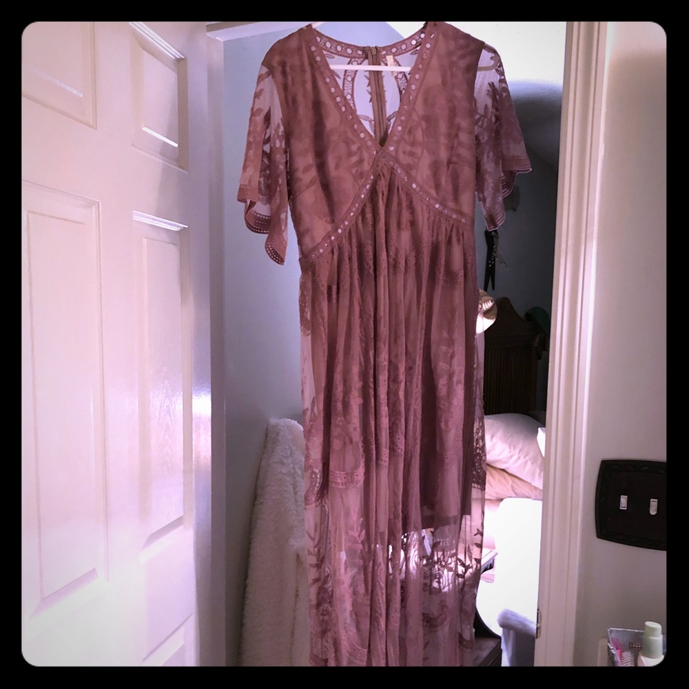 Pink Blush Lace Maxi Dress- Mauve in color